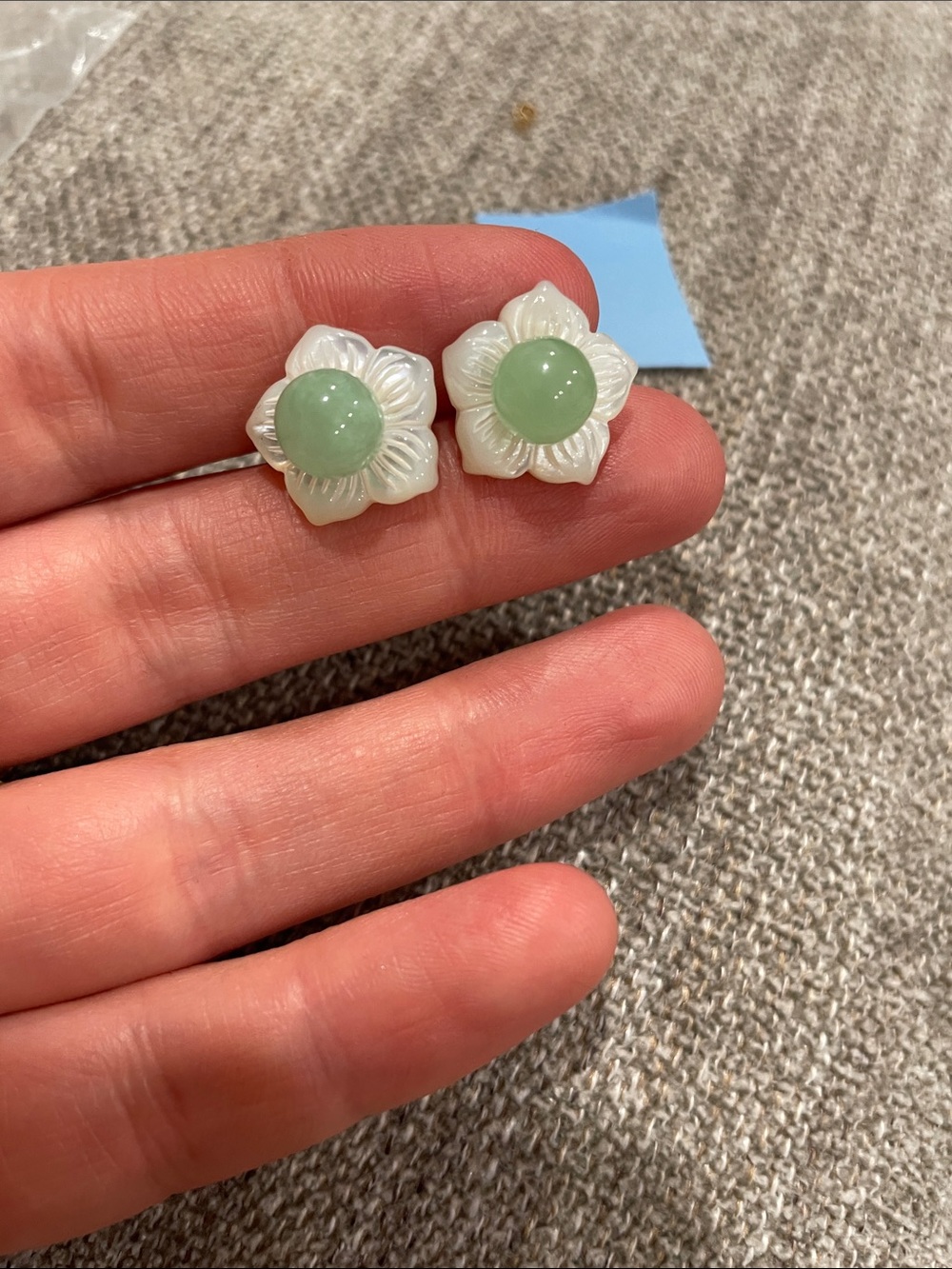 14 k gold Hand-Carved White Flower Earrings with Green Center